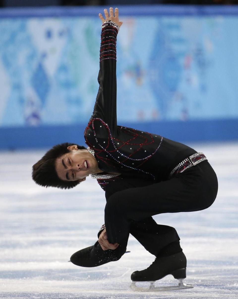 Michael Christian Martinez of the Philippines competes in the men's free skate figure skating final at the Iceberg Skating Palace during the 2014 Winter Olympics, Friday, Feb. 14, 2014, in Sochi, Russia. (AP Photo/Bernat Armangue)