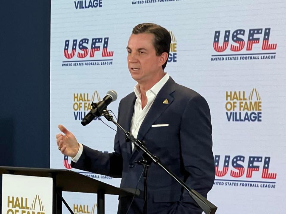 Michael Crawford, CEO of the Hall of Fame Resort and Entertainment Co., speaks at a joint press conference on Wednesday with the USFL. The New Jersey and Pittsburgh franchises will play their home games at Tom Benson Hall of Fame Stadium in Canton this coming season.