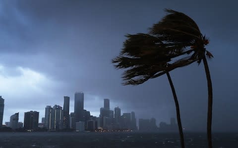 The skyline is seen as the outerbands of Hurricane Irma start to reach Florida on September 9, 2017 in Miami, Florida. Florida is in the path of the Hurricane which may come ashore at category 4. - Credit: Getty