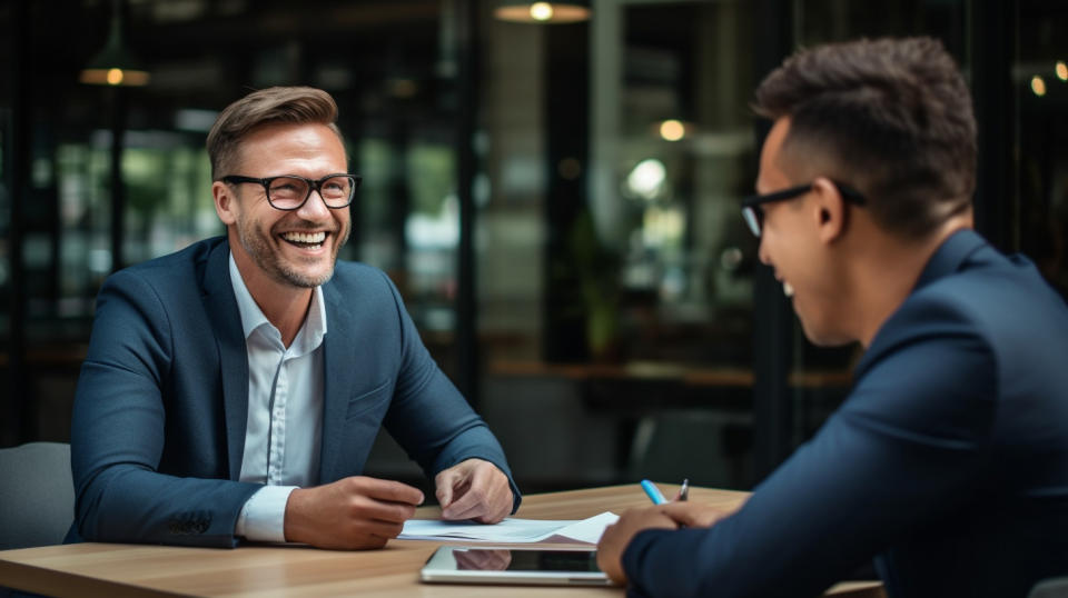 A man in a suit presenting HR Solutions to a satisfied corporate client.