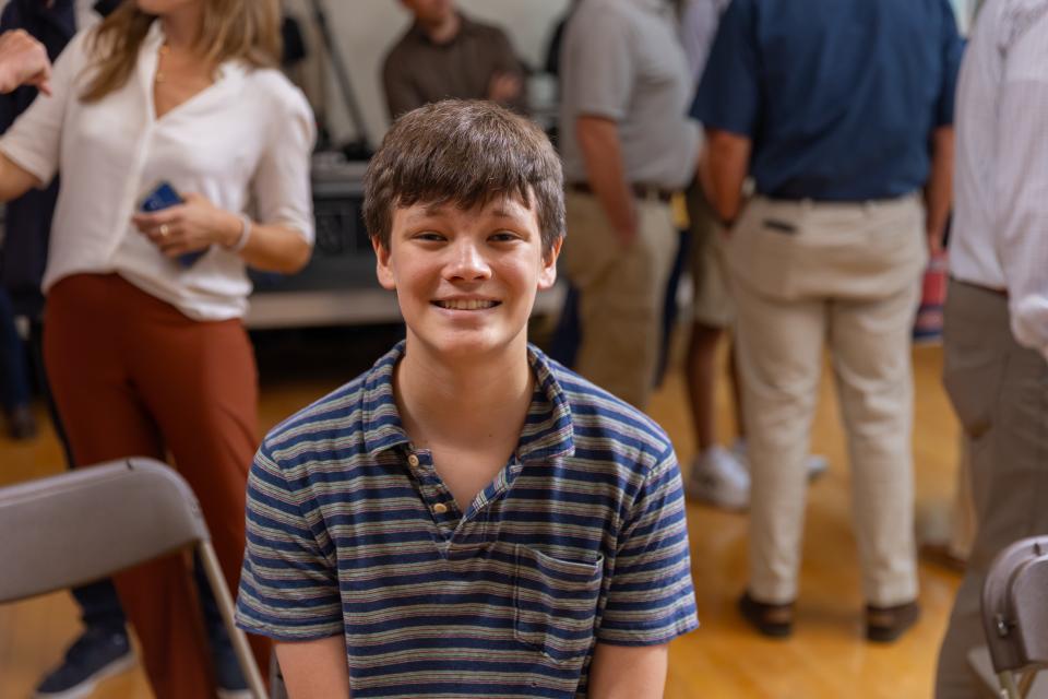 Quinn Mitchell listens to Ron DeSantis at the DeSantis Town Hall campaign event in Newport, NH on Aug. 19, 2023. At 15 years old, Quinn Mitchell feels it is his civic duty to show up and ask the tough questions.