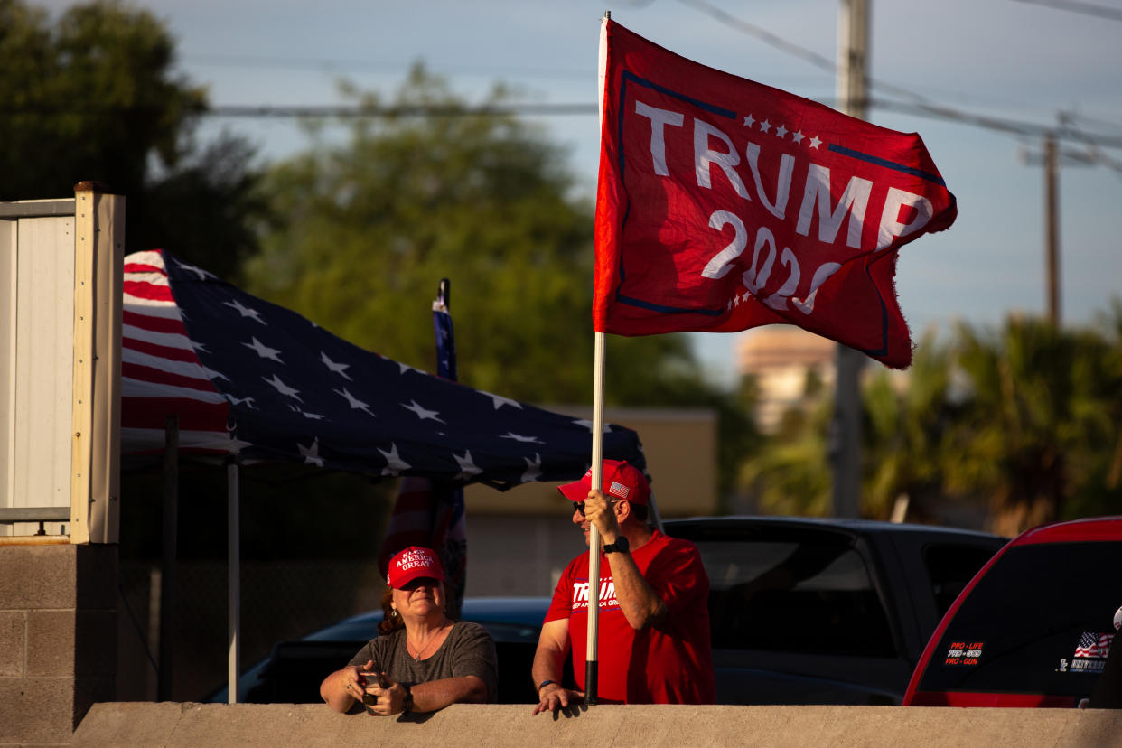 Protestors in support of former President Donald Trump gather outside Veterans Memorial Coliseum where Ballots from the 2020 general election wait to be audited on May 1, 2021 in Phoenix, Arizona. (Courtney Pedroza for The Washington Post via Getty Images)
