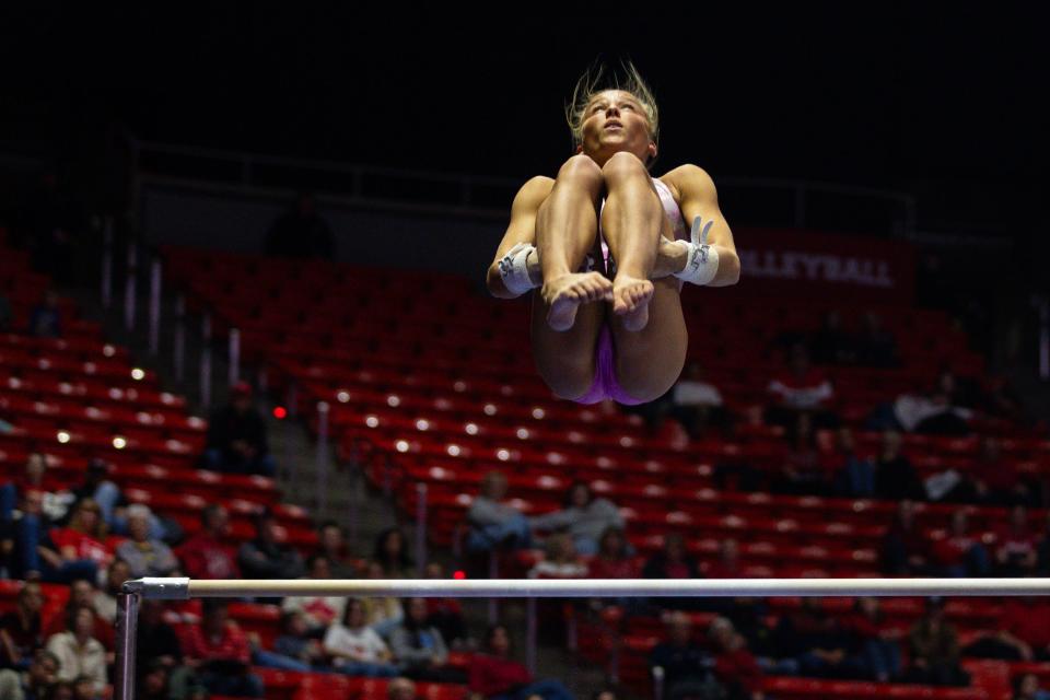 Ashley Glynn does her bar routine during the Red Rocks Preview at the Jon M. Huntsman Center in Salt Lake City on Friday, Dec. 15, 2023. | Megan Nielsen, Deseret News