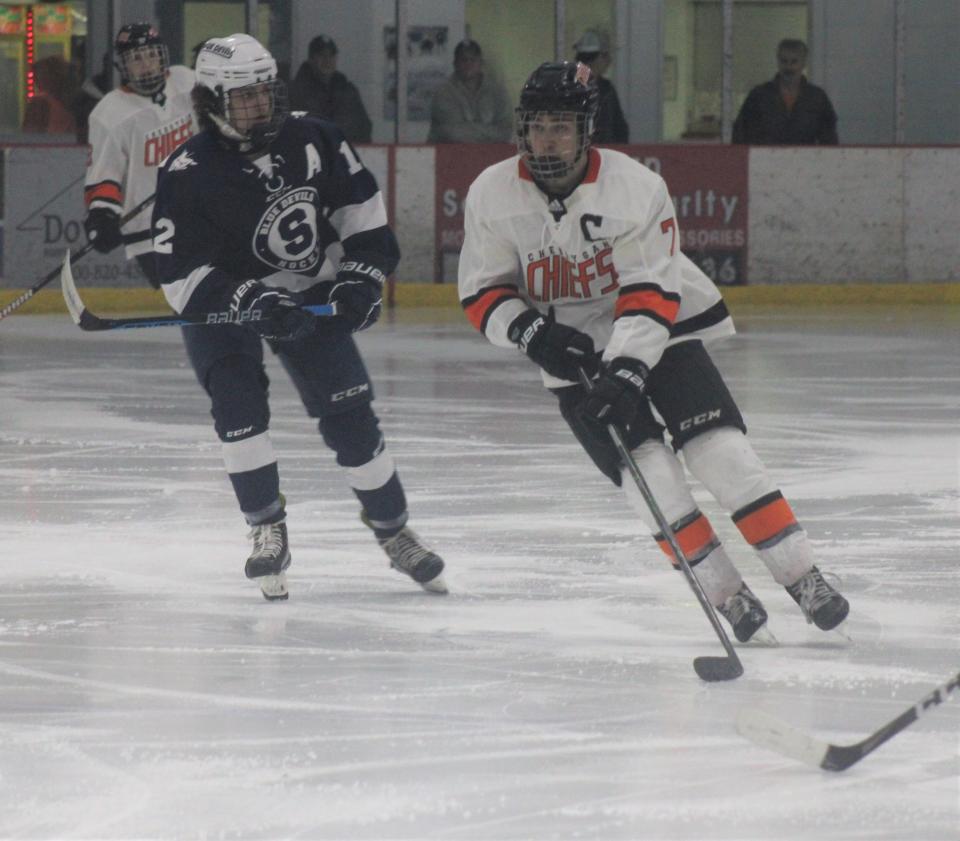 Cheboygan senior forward Luke Karsten (7) skates with the puck during the first period against Sault Ste. Marie on Wednesday.