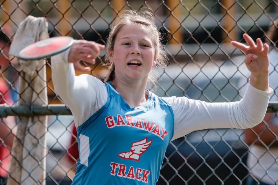 Garaway's Morgan Schlabach competes in discus during the Tuscarawas County Classic Monday at Woody Hayes Quaker Stadium in New Philadelphia.