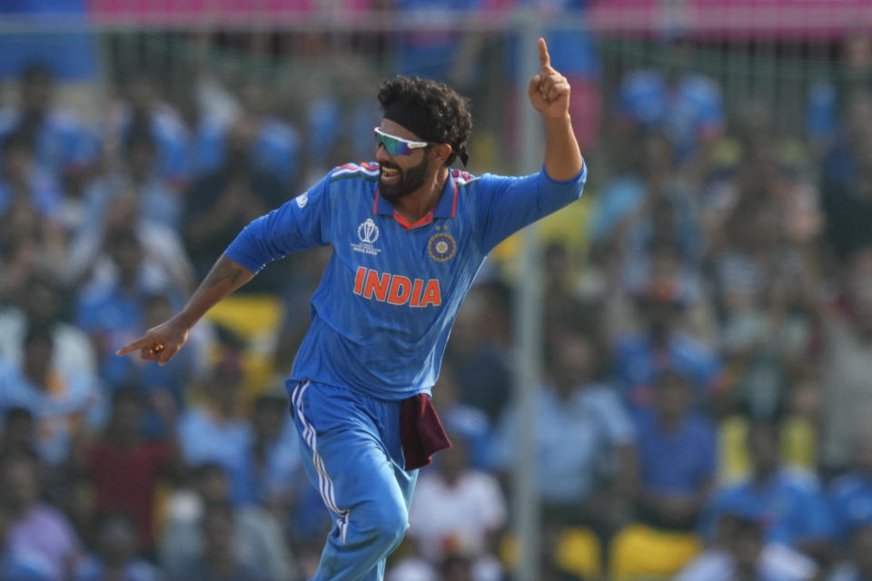 India's Ravindra Jadeja celebrates the wicket of Australia's Marnus Labuschagne during the ICC Men's Cricket World Cup match between India and Australia in Chennai, India, Sunday, Oct. 8, 2023. (AP Photo/Eranga Jayawardena)