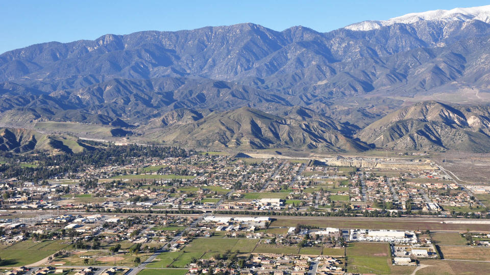 An aerial view of the town of Banning, California which lies at the base of Mount San Gorgonio.