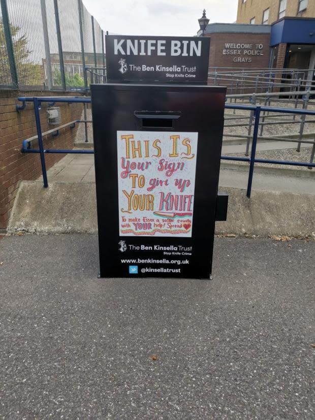 Echo: A knife bin with artwork by 12-year-old Rachida from Hathaway Academy. Credit: Essex Police