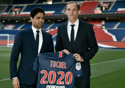 Thomas Tuchel with PSG president Nasser Al-Khelaifi at the Parc des Princes -- the German has signed a deal until 2020