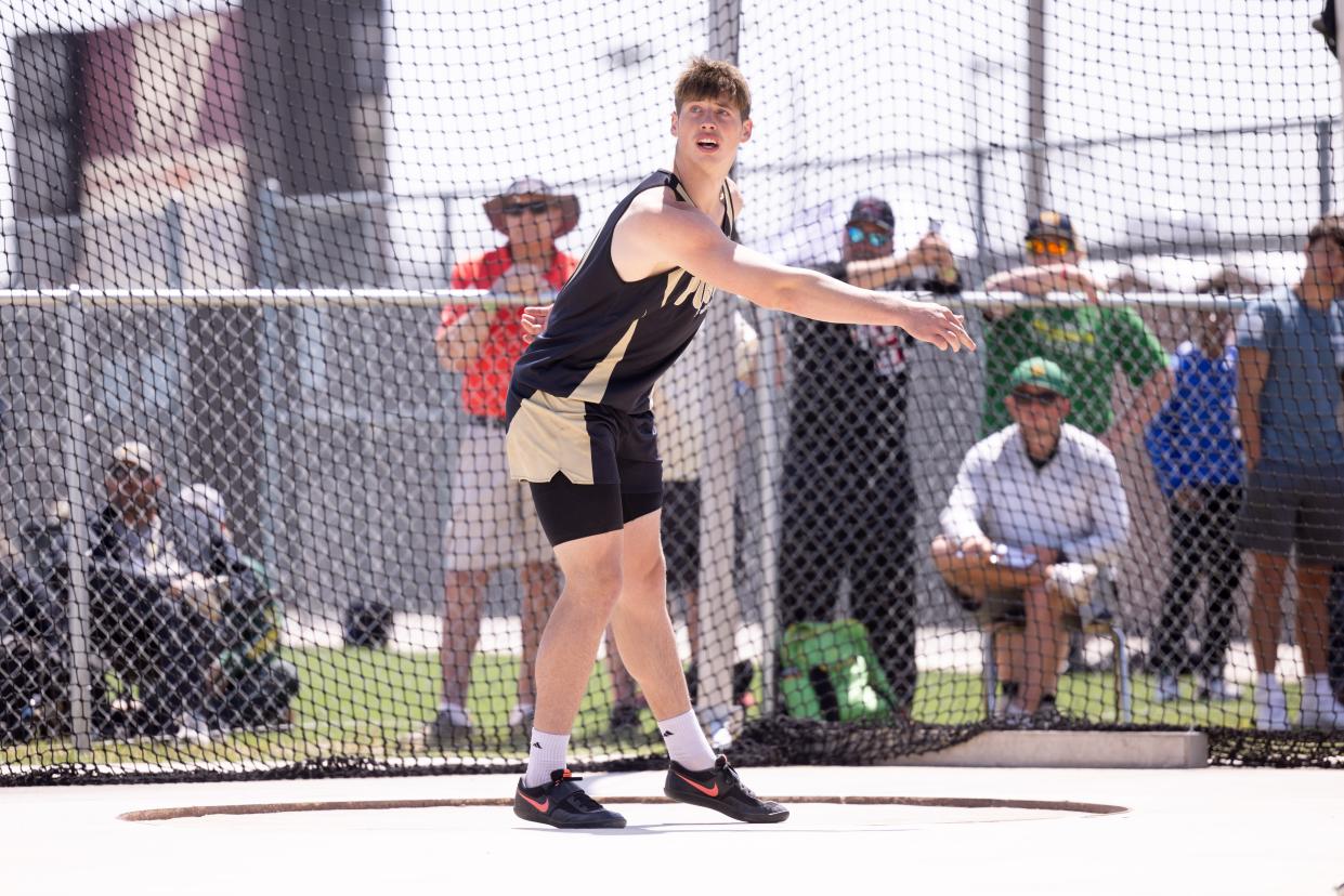 Post’s Zach Courtney throwing discus at the UIL Region 1-2A Track Meet, Saturday, April 30, 2022, in Canyon Texas.