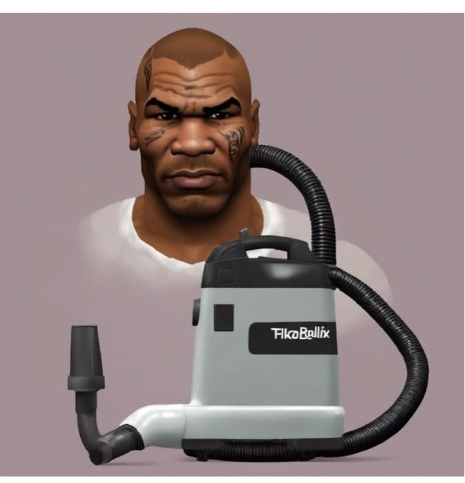 3D cartoon of a character resembling Mike Tyson merged with a vacuum cleaner, labeled "TikoBellix."