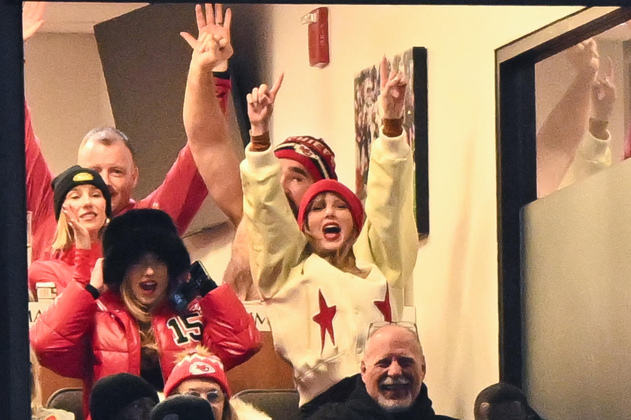 ORCHARD PARK, NY - JANUARY 21: Brittany Mahomes, Jason Kelce, and Taylor Swift react during the second half of the AFC Divisional Playoff game between the Kansas City Chiefs and the Buffalo Bills at Highmark Stadium on January 21, 2024 in Orchard Park, New York. (Photo by Kathryn Riley/Getty Images)