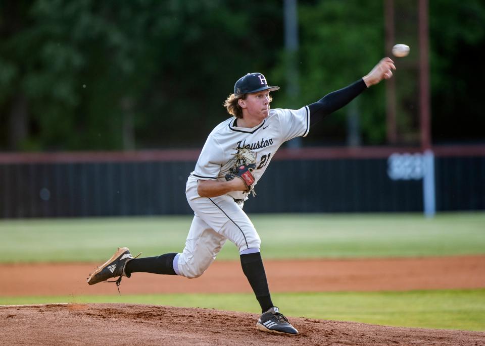 Houston's Dean McCalla pitches against Brighton during a high school baseball game, Friday May 21, 2021, in Germantown, Tenn. 