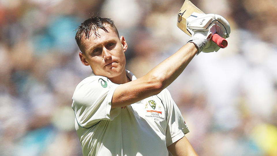 Marnus Labuschagne, pictured, was visibly angry with himself after being bowled by Colin de Grandhomme.