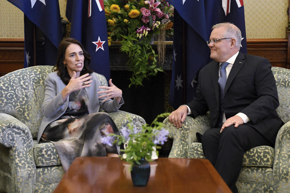 New Zealand Prime Minister Jacinda Ardern, left, talks with Australian Prime Minister Scott Morrison during a meeting at Admiralty House in Sydney, Friday, Feb. 28, 2020. (Bianca De Marchi/Pool Photo via AP)