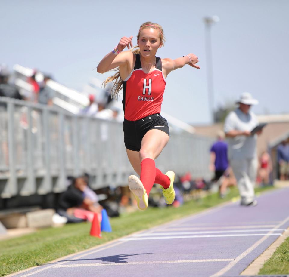 Holliday's Payton Murray competes in the triple jump at the Region I-3A track and field meet at Abilene Christian University on Saturday, April 30, 2022.