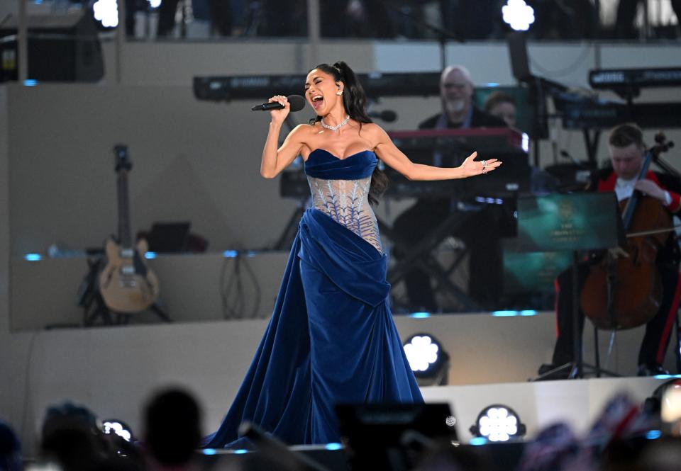 Nicole Scherzinger performs on stage during the Coronation Concert on May 07, 2023 in Windsor, England.