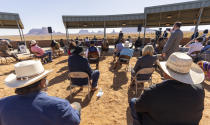 Tribal members and dignitaries gather for the ceremony of the signing of the agreement for the Navajo federal reserved water rights settlement, in Monument Valley, Utah on Friday, May 27, 2022. (Rick Egan/The Salt Lake Tribune via AP)