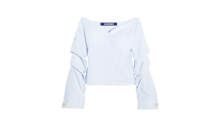 Jacquemus Off-the-Shoulder Striped Cotton-Poplin Top, $385, <a href="https://www.net-a-porter.com/us/en/product/791792/jacquemus/off-the-shoulder-striped-cotton-poplin-top" rel="nofollow noopener" target="_blank" data-ylk="slk:net-a-porter.com;elm:context_link;itc:0;sec:content-canvas" class="link ">net-a-porter.com</a>