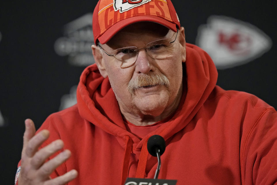 Kansas City Chiefs head coach Andy Reid talks to the media after the NFL football team's practice Friday, Jan. 26, 2024, in Kansas City, Mo. (AP Photo/Charlie Riedel)