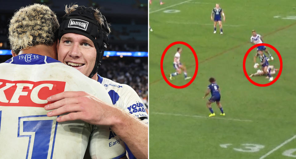 Matt Burton kicked the Bulldogs to victory over the Warriors in golden point after Jaemon Salmon somehow escaped punishment for a high shot on Te Maire Martin. Pic: Getty/Fox League