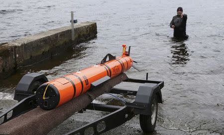 Subsea engineer John Haig launches Munin, an intelligent marine robot, to explore Loch Ness in Scotland, Britain April 13, 2016. REUTERS/Russell Cheyne