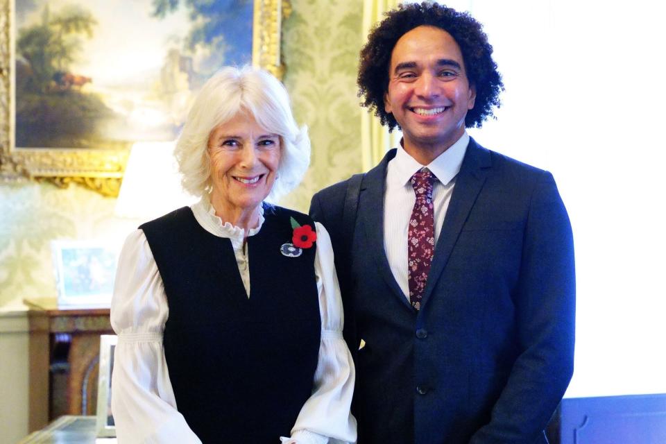 Camilla, Queen Consort undertakes her first audience at Buckingham Palace, with Children's Laureate Joseph Coelho on November 3, 2022 in London, England.