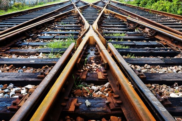 Close-up of railroad track junction