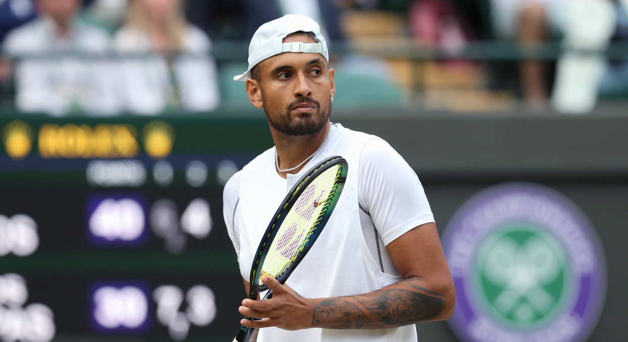 Nick Kyrgios of Australia in action during his Gentlemens Singles Third Round match against Stefanos Tsitsipas of Greece during day six of The Championships Wimbledon 2022 at All England Lawn Tennis and Croquet Club on July 2, 2022 in London, England