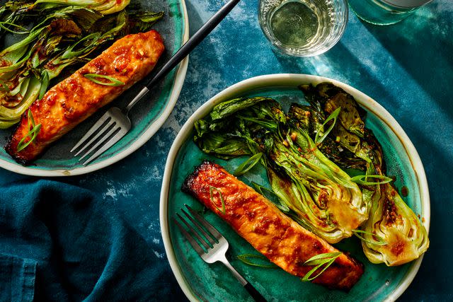 Photo by Antonis Achilleos / Food Styling by Ruth Blackburn / Prop Styling by Claire Spollen Miso Air Fryer Salmon with Baby Bok Choy
