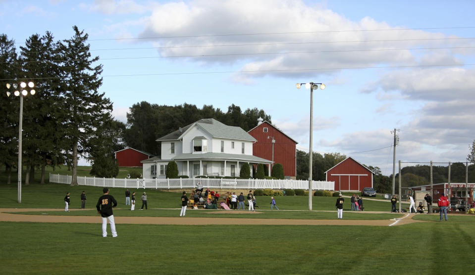 FILE - In this Oct. 2, 2014, file photo, teams play at the "Field of Dreams" during a fall tournament in Dyersville, Iowa. The 1989 film was No. 6 in The Associated Press' Top 25 favorite sports movies poll. (Dave Kettering/Telegraph Herald via AP, File)