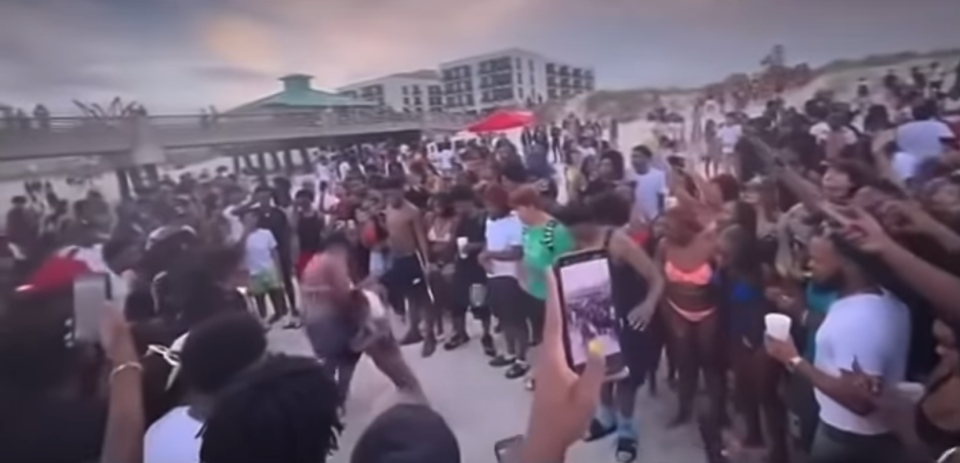 The Jacksonville Beach Police Department released video of the mass gathering of young people on St. Patrick's Day that was the precursor to four people being shot. This is an image showing what one of the ogranizers said was participants taking each other on in football-like "Oklahoma Drills."
