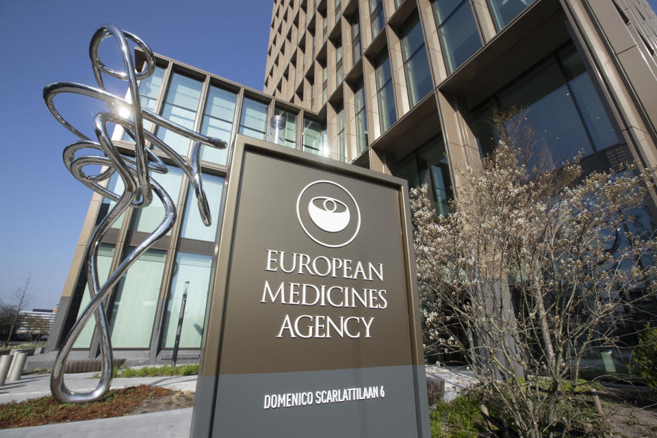 Exterior view of the European Medicines Agency, EMA, in Amsterdam's business district, Netherlands, Tuesday, April 20, 2021. Experts at the European Medicines Agency are preparing to present the conclusions of their investigation later on Tuesday into possible links between the Johnson & Johnson coronavirus vaccine and very rare cases of unusual clotting disorders detected in the U.S. (AP Photo/Peter Dejong)