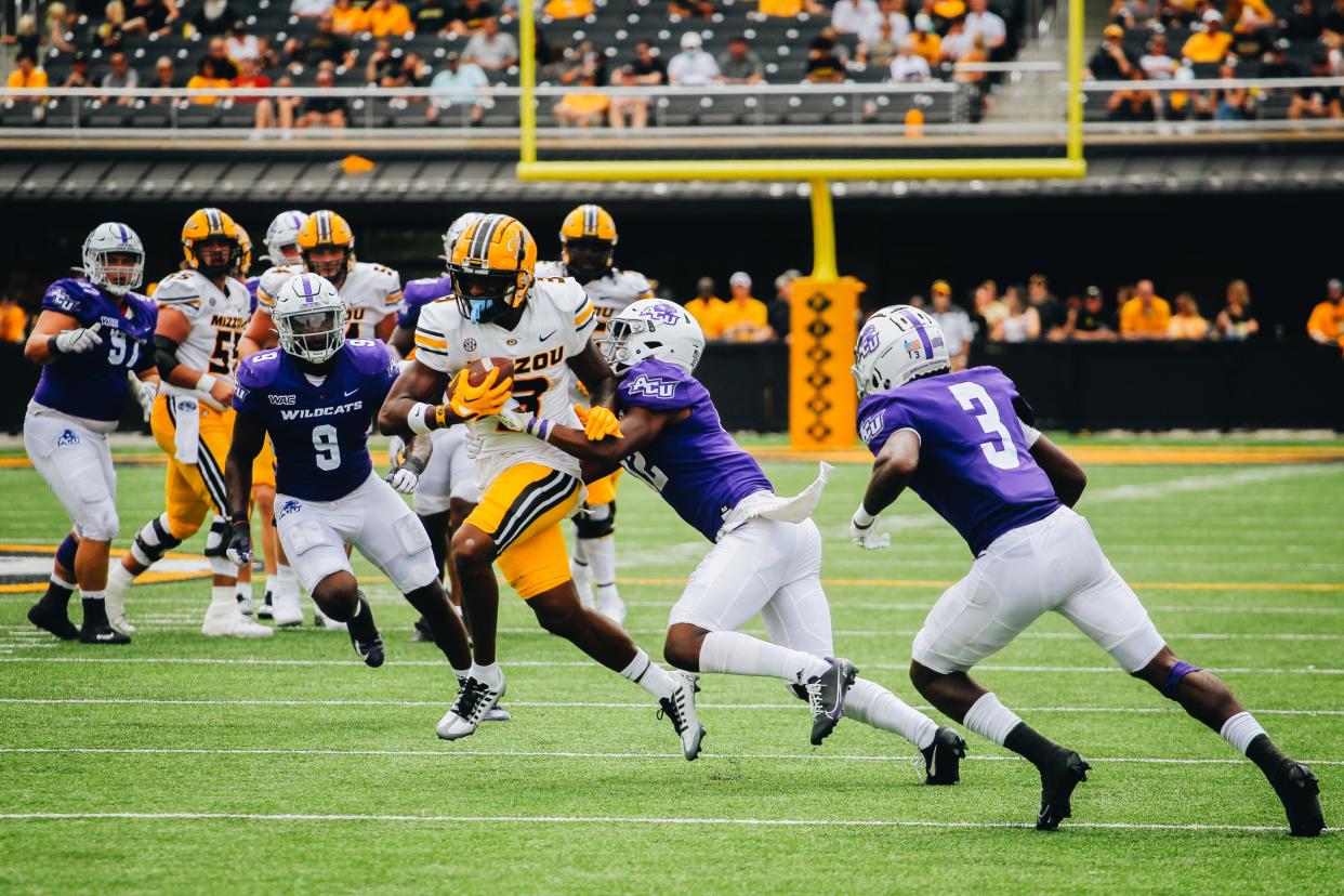 Missouri wide receiver Luther Burden (3) sheds off an Abilene Christian defender during a game against Abilene Christian on Sept. 17, 2022 at Faurot Field in Columbia.
