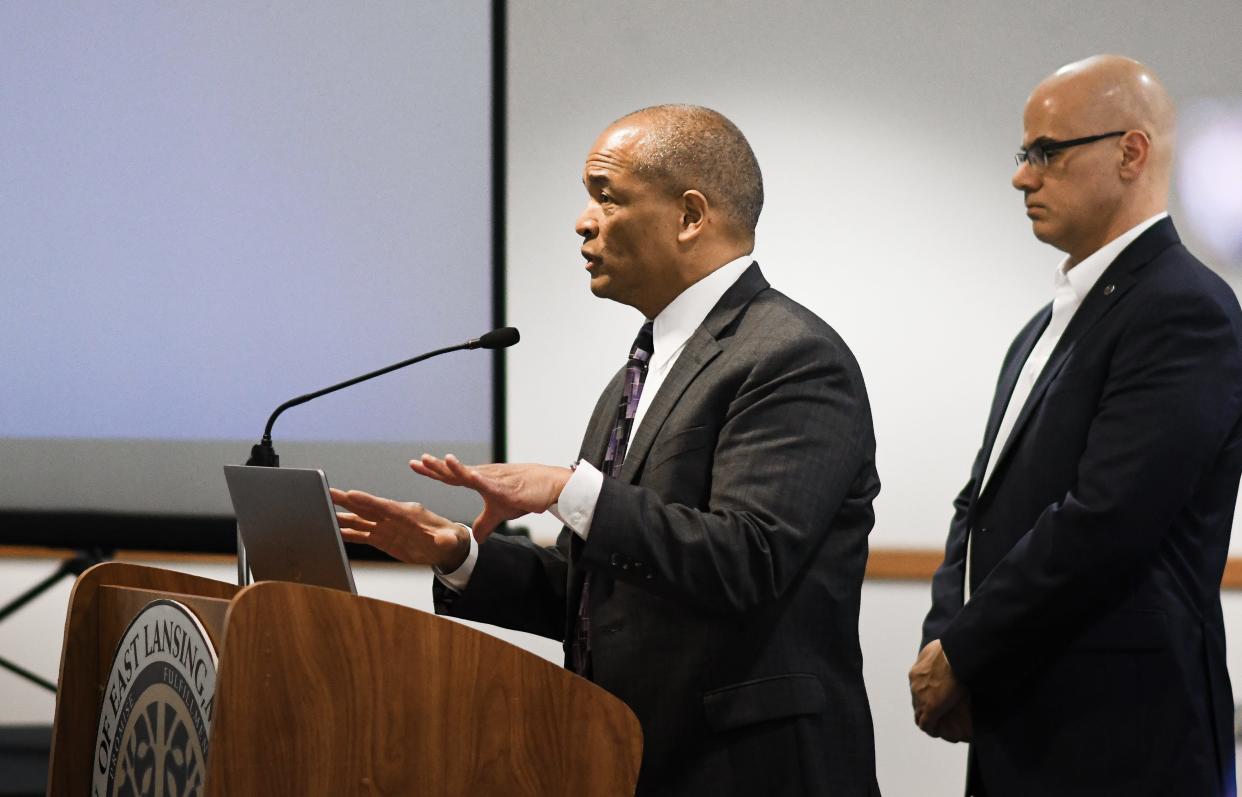 East Lansing Police Chief Kim Johnson speaks with East Lansing City Manager George Lahanas on Thursday, May 5, 2022, during a press conference at the Hannah Community Center in East Lansing.