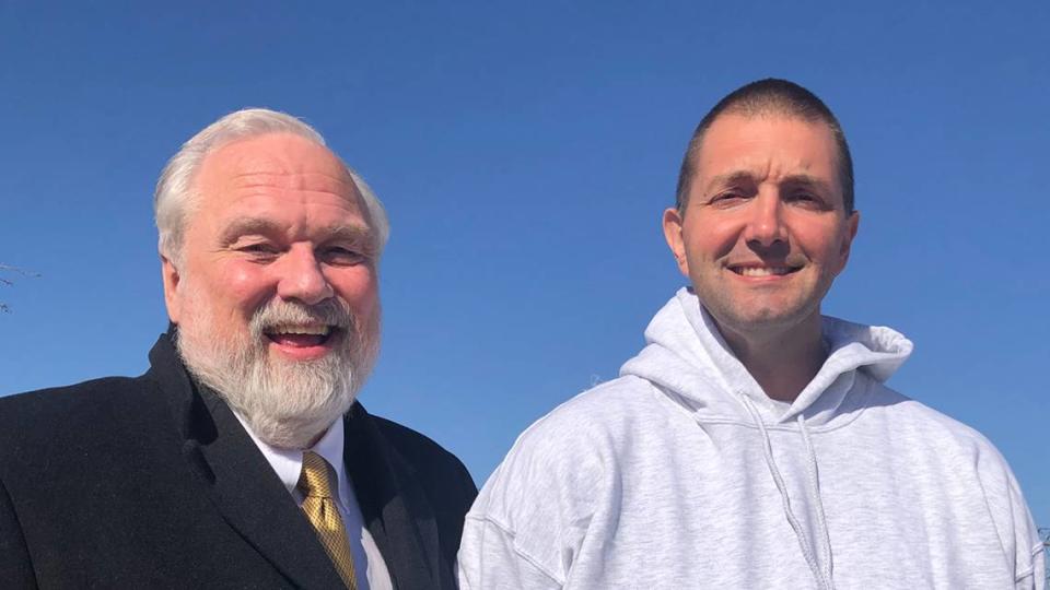 Attorney Richard Ney, left, picked up Christopher Lyman when he was released from Ellsworth Correctional Facilty in February.