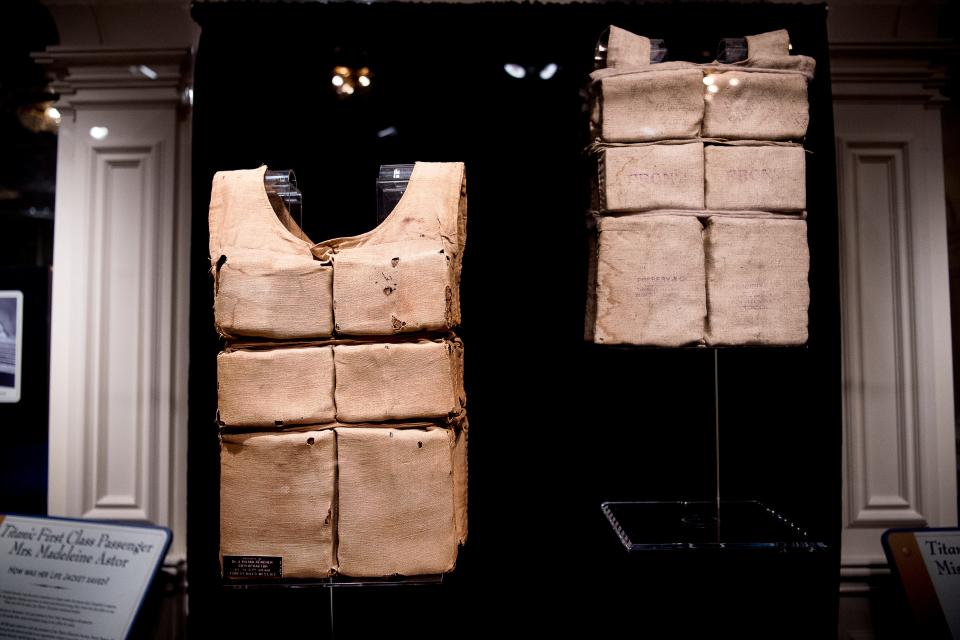 The life jackets of Madeline Astor and Laura Mabel Francatelli are displayed at the Titanic Museum in Pigeon Forge, Tenn. on Tuesday, July 9, 2019. The museum is showing six of the 12 known remaining life jackets from ship, including at least one worn by a survivor that’s never been shown.
