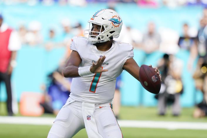 Miami Dolphins quarterback Tua Tagovailoa (1) aims a pass during the first half of an NFL football game against the New York Giants, Sunday, Dec. 5, 2021, in Miami Gardens, Fla. (AP Photo/Wilfredo Lee)