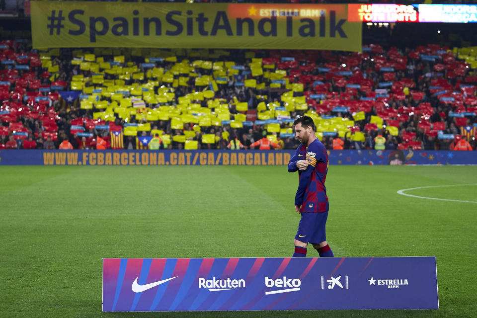 BARCELONA, SPAIN - DECEMBER 18: Lionel Messi of FC Barcelona looks on prior to the Liga match between FC Barcelona and Real Madrid CF at Camp Nou on December 18, 2019 in Barcelona, Spain. (Photo by Quality Sport Images/Getty Images)