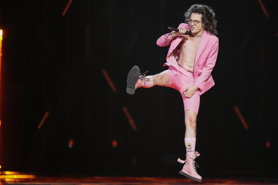 Theodor Andrei of Romania performs during dress rehearsals for the second semi final at the Eurovision Song Contest in Liverpool, England, Wednesday, May 10, 2023. (AP Photo/Martin Meissner)