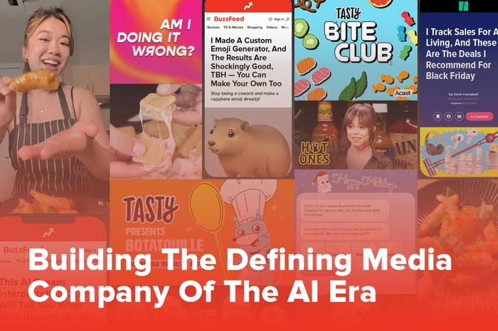 Montage of various media screenshots, graphics, and logos related to a media company's digital presence. Text overlay: "Building The Defining Media Company Of The AI Era."