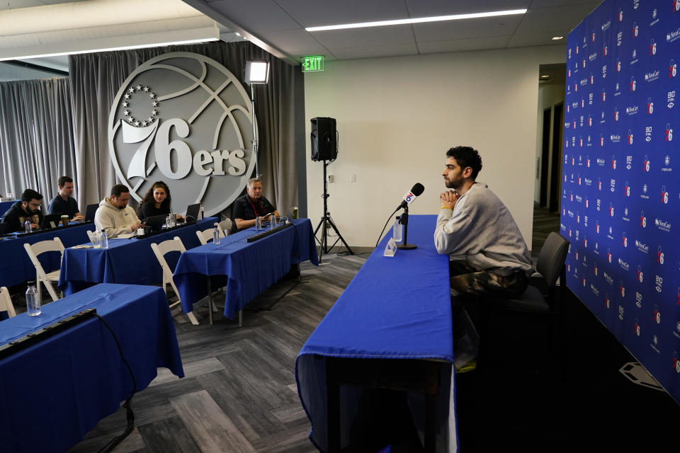 Philadelphia 76ers' Furkan Korkmaz speaks during a news conference at the team's NBA basketball practice facility, Friday, May 13, 2022, in Camden, N.J. (AP Photo/Matt Slocum)