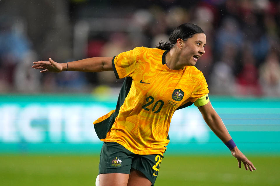 Sam Kerr, pictured here celebrating after her goal for the Matildas against England.