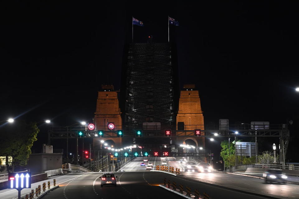 The Sydney Harbour Bridge roadway on a quiet Sunday evening in Sydney, Australia. 