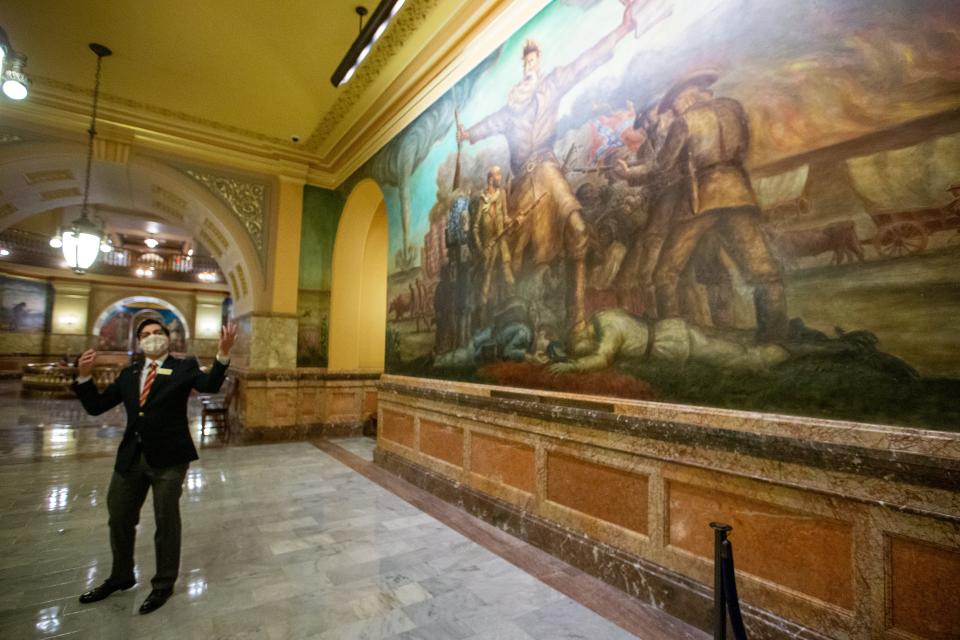 A larger-than-life mural of abolitionist John Brown is featured on the  second floor of the Kansas Statehouse building.