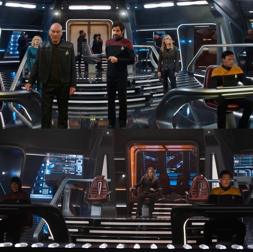The bridges of the Stargazer (above) and the Titan (below) on Star Trek: Picard seasons 2 and 3.
