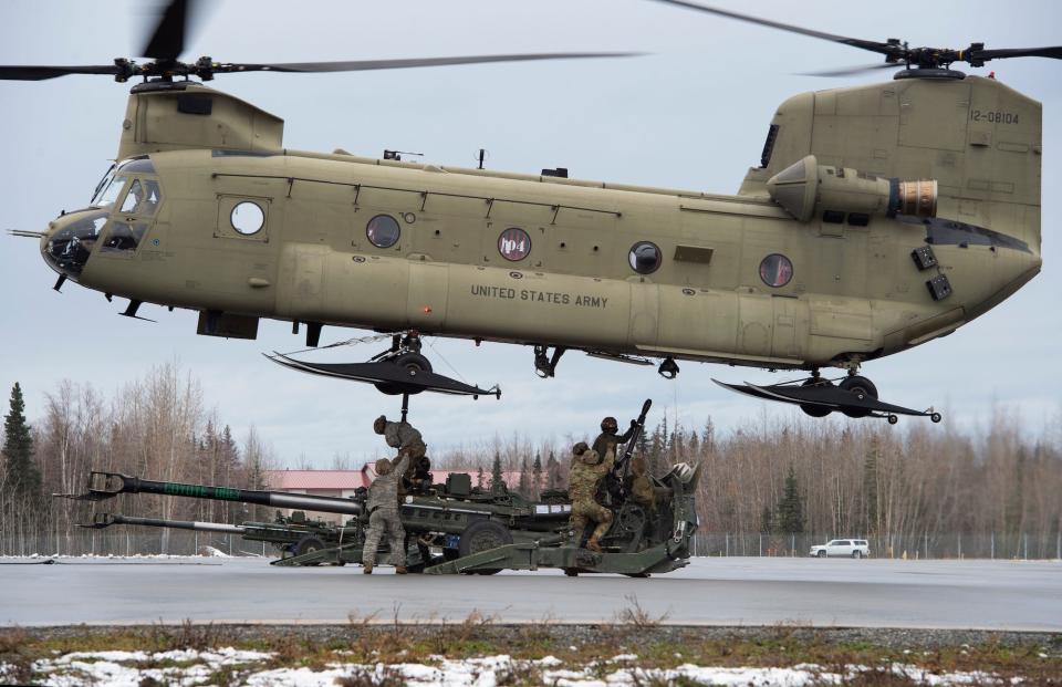 US and Indians soldiers conduct sling-load training with CH-47 Chinook helicopter