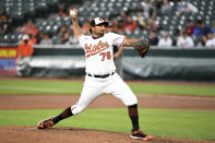 Baltimore Orioles relief pitcher Mickey Jannis makes his Major League debut in the fifth inning of a baseball game against the Houston Astros, Wednesday, June 23, 2021, in Baltimore. (AP Photo/Will Newton)