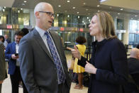 UConn men's basketball coach Dan Hurley talks with Big East Commissioner Val Ackerman before the announcement that the University of Connecticut is re-joining the Big East Conference, at New York's Madison Square Garden, Thursday, June 27, 2019. (AP Photo/Richard Drew)