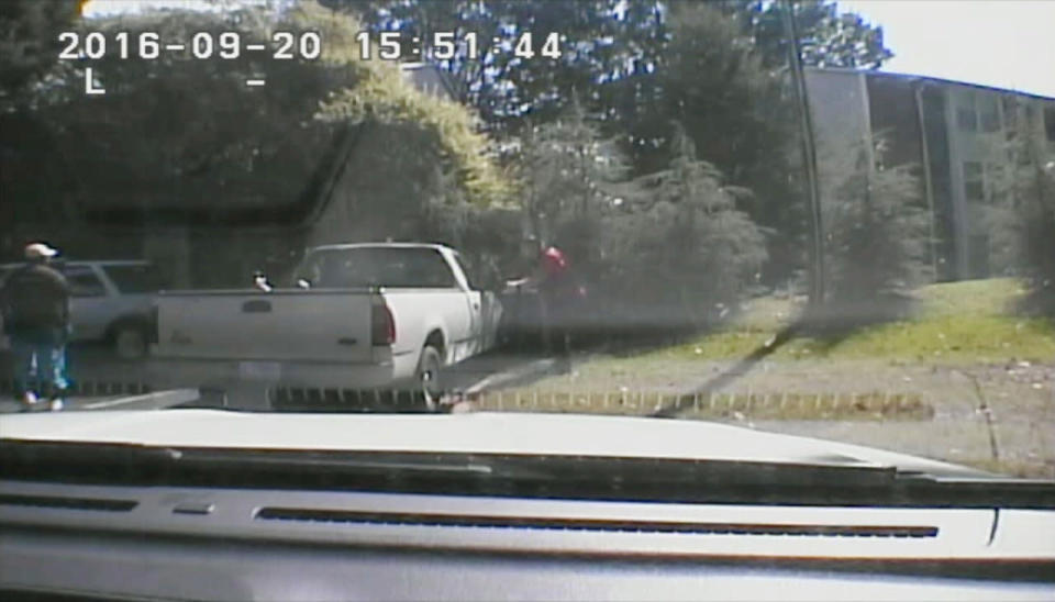 <p>This image made from video provided by the Charlotte-Mecklenburg Police Department on Saturday, Sept. 24, 2016 shows Keith Scott, left, moments before he was fatally shot by police in Charlotte, N.C., on Sept. 20, 2016. (Charlotte-Mecklenburg Police Department via AP)</p>